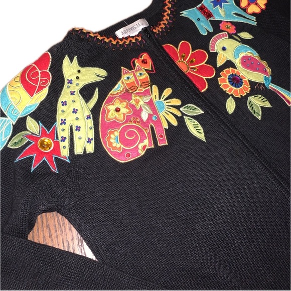 Arriviste Vintage Beaded Embroidered Cat Dog Animals Birds Sweater Small Zip Up - Picture 5 of 17